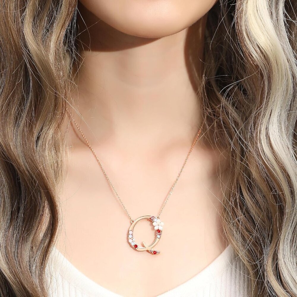Flower Initial Letter Necklace Pink Red Blue Simulated Pearl Pendant Name Jewelr - Picture 3 of 6